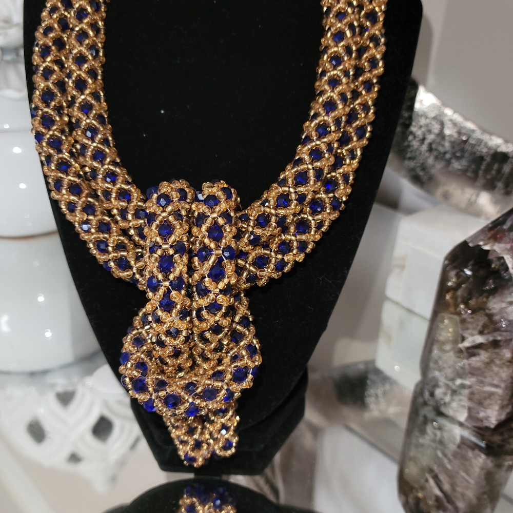 Handmade blue and gold glass beaded necklace, hand made.